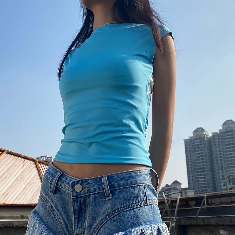 

Y2K Однотонная футболка с открытой спиной для женщин 2023 летняя универсальная одежда с круглым вырезом базовые облегающие пуловеры Базовые Женские футболки