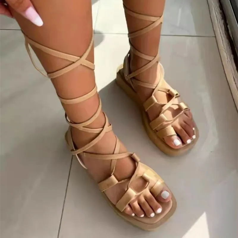 Women Bandage Flats Fashion Clip Toe Flip Flops Shoes for Ladies Wedge Sandals Outdoor Sandals Sexy Lace Up Platform Sandals