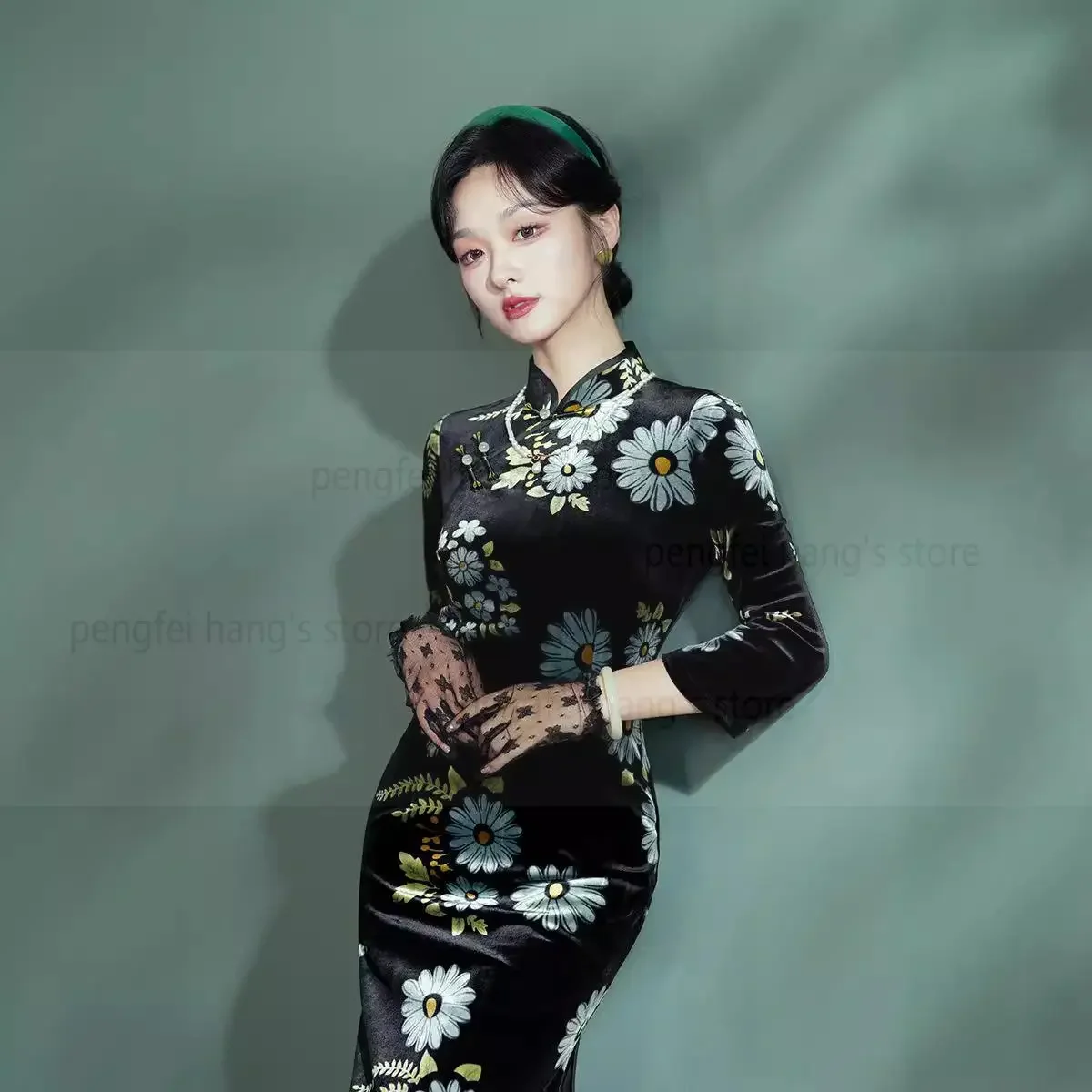 Женское элегантное зимнее теплое велюровое платье Ципао традиционное с