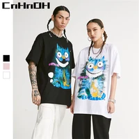 cnhnoh spring and summer fashion new arrival t shirt cartoon smiley cat print good quality high street mens tee couple 10006