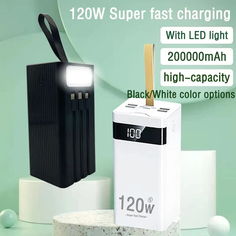 

100%Original Mobile Power Supply 200Ah, Large Capacity, 120W Ultra Fast Charging Intelligent Digital Display Screen, with LED