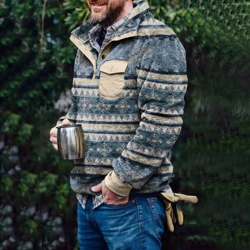 

Winter Sweatshirt Windproof Pullover Sweatshirt Lapel Men Retro Plaid Pattern Double Sided Plush Sweatshirt Cold Resistant