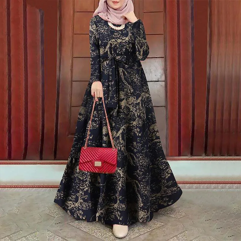 Kaftan Muslim Dress Women Autumn Printed Islamic Clothing 2022 Casual Maxi Vestidos Female Floral Sundress Turkish Robe