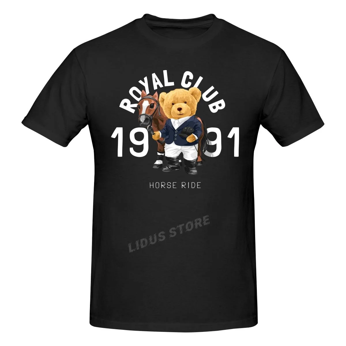 

ROYAL CLIB 1991 Teddy Bear Horse Ride Outfit T shirt Harajuku Short Sleeve T-shirt 100% Cotton Graphics Tshirt Brands Tee Tops