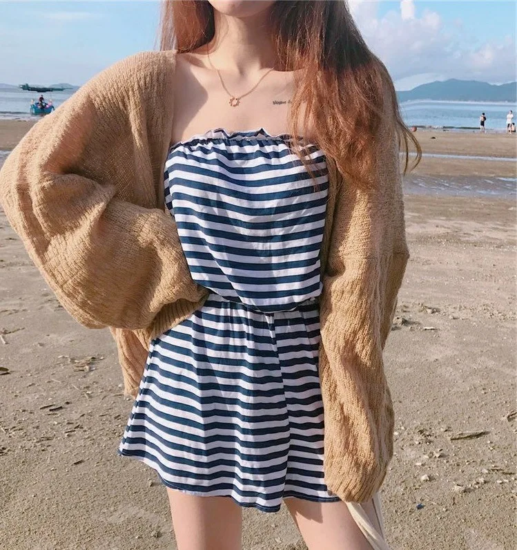 

2022 New Lazy Loose Thin Long Sleeved Women's Knitted Coat Cardigan Summer Sunscreen Girl's Coat Beach sunscreen clothes Khaki