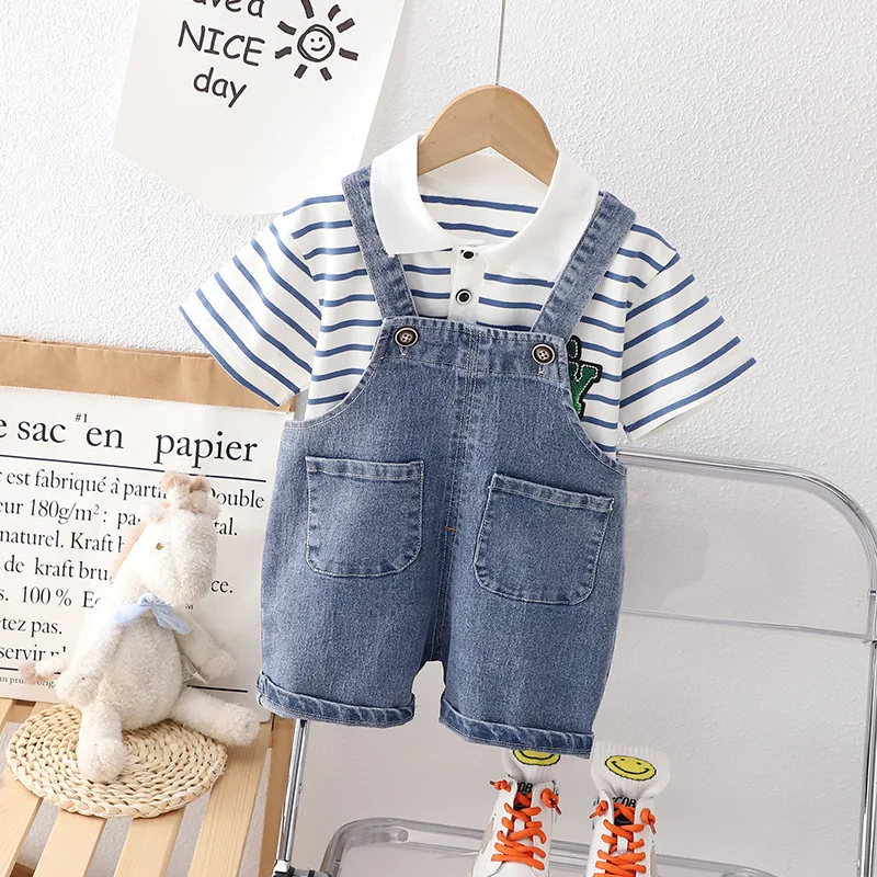 Costumes for Baby Boy Set 2023 Fashion Striped Short Sleeve T-shirts and Overalls Toddler Boys Outfits Childrens Summer Clothes