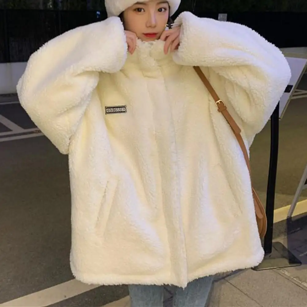 

Stand Collar Long Sleeve Pockets Zipper Closure Winter Coat Winter Embroidery Letter Print Lamb Wool Overcoat Jackets for Women