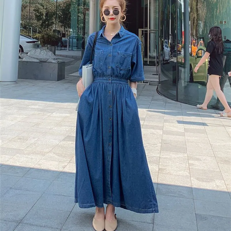 

Women Denim Dress 2023 Autumn Long Sleeve Single Breasted Slim Casual Elegant Vintage Big Swing Cowboy Shirt Maxi Dresses