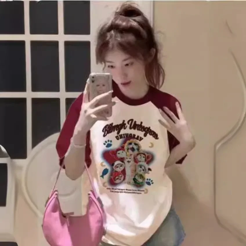 Женская хлопковая Футболка с принтом спереди коротким рукавом и круглым вырезом