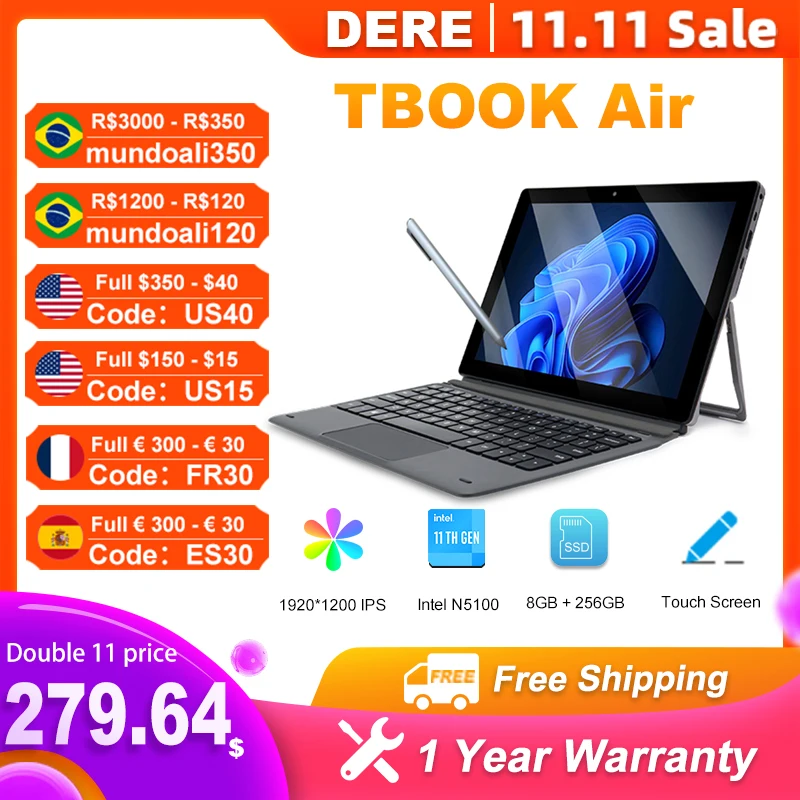 

Dere D10 Touch Screen Laptop 10.1" 2-in-1 FHD IPS 8GB RAM 256GB SSD Intel Celeron N5100 Portable Computer Windows 11 Notebook