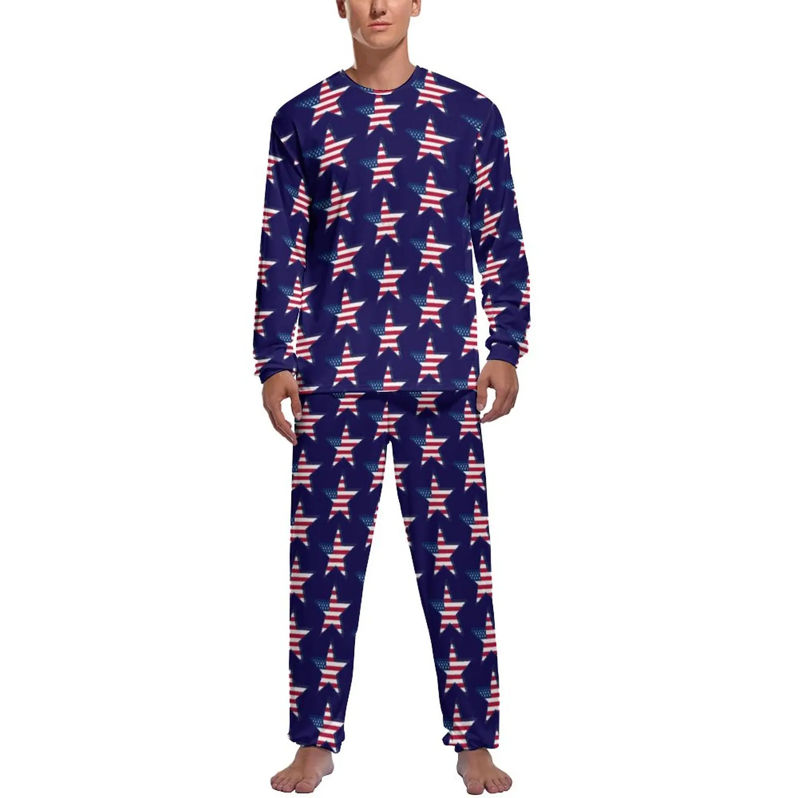 

USA American Flag Pajamas Long Sleeve Star Print Patriotic 2 Pieces Casual Pajama Sets Winter Male Pattern Trendy Nightwear