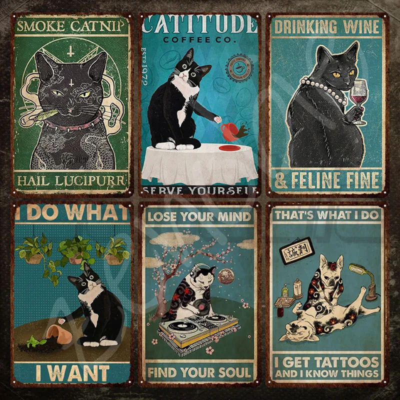 

Cat Metal Sign Smoke Catnip Hail Lucipurr Vintage Tin Sign Drinking Wine Black Cat Metal Poster Plaque Tin Plate for Home Decor