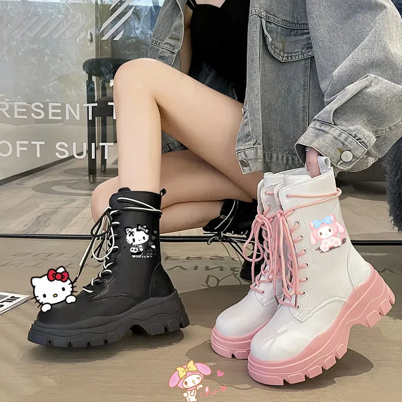 

Ботинки мартинсы Hello Kitty для девушек, 24 модели, Kuromi Melody, универсальные розовые высокие каблуки, Новые короткие ботинки для студентов, мультяш...