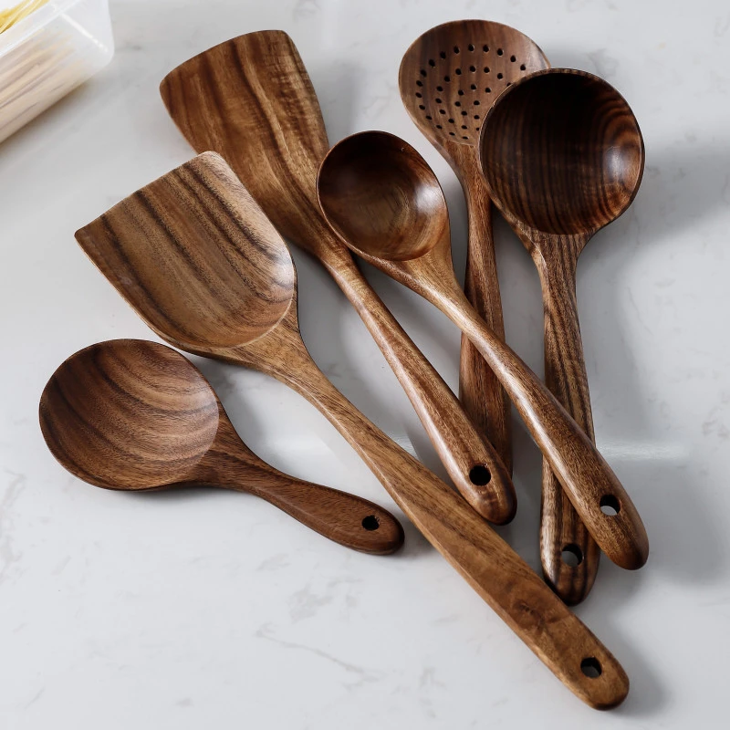 

Thailand Teak Wood Kitchen Tableware Set With Spoon Ladle Long Rice Colander Soup Skimmer Cooking Spoons Scoop Kitchen Tool Set