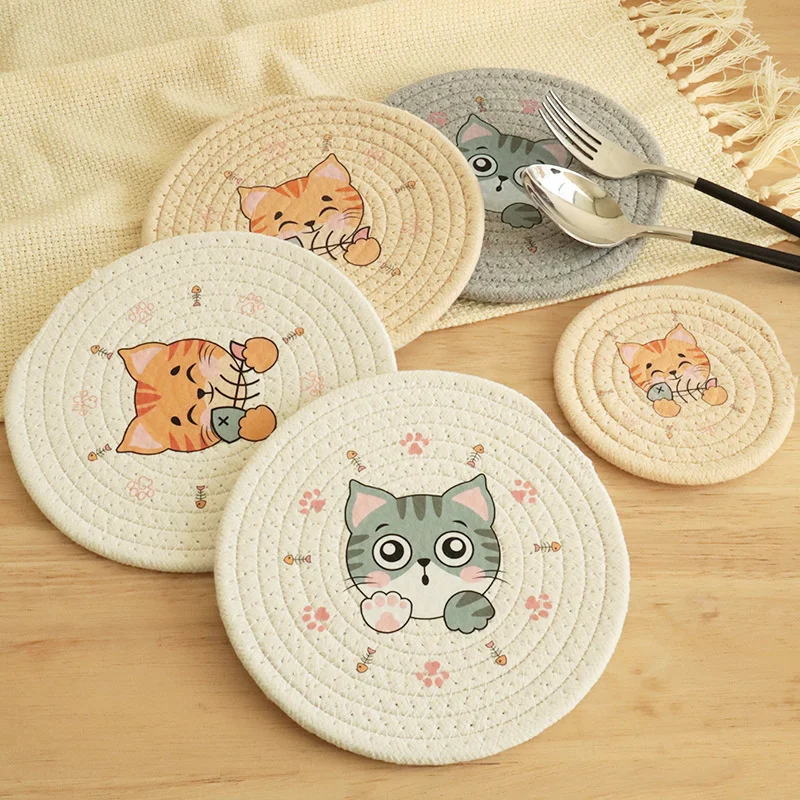 

12/18CM Coaster Table Pad Insulation Placemat Cup Bowl Mat Home Durable Cat Pattern Coaster Table Decoration Kitchen Accessories