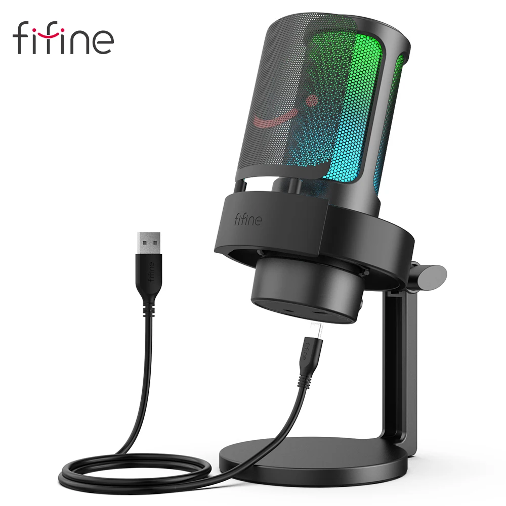 FIFINE USB Microphone for Recording and Streaming on PC Mac Headphone Output Touch-Mute Button Mic with 3 RGB Modes -A8 |