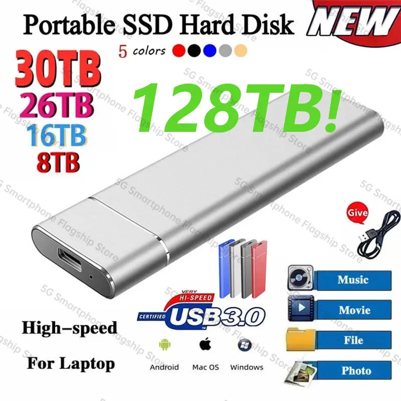 

New High-Speed 128TB SSD Portable External Solid State Hard Drive 4TB 8TB 16TB USB3.1 Interface Mobile Hard disk For Laptop Mac