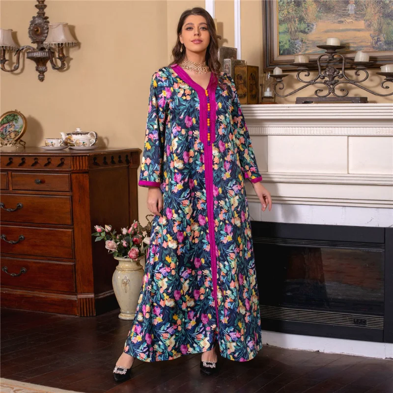 Fashion Floral Print Muslim Hijab Dress Women Dubai Abaya Arab Turkey Moroccon Kaftan Islam Clothing Gown Jilbab Caftan Festival