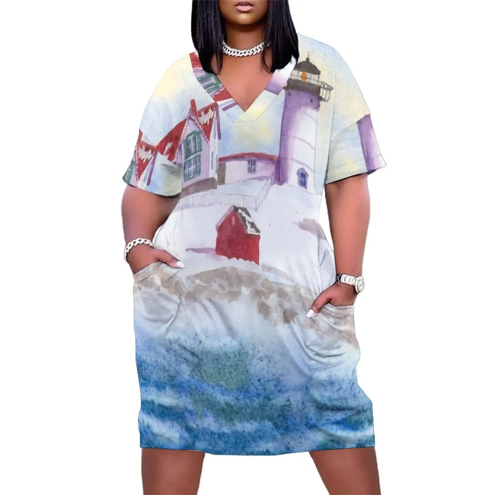 Рождественская открытка акварель зима at Nubble Lighthouse in Maine свободное платье с