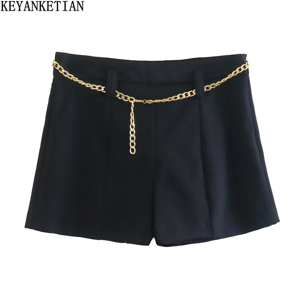 

KEYANKETIAN Women's Chain Embellished Low Waist Shorts Fall New Commuter Chic Mujer Side Zip Black Straight Culottes