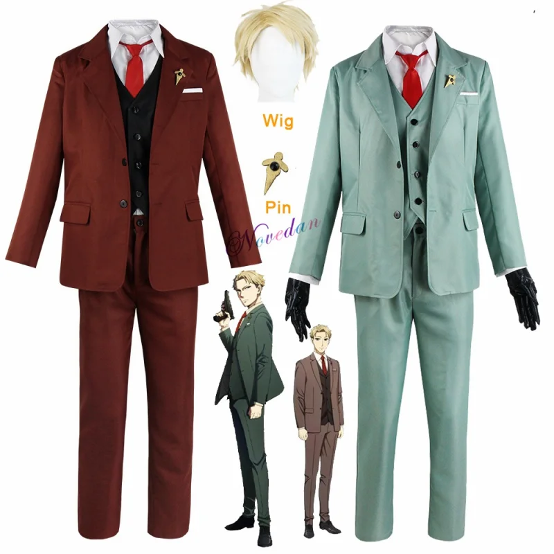 

Anime Spy X Family Loid Forger Cosplay Costume Red Green Suit Short Blond Wig Twilight Outfit Brooch Pin Men Clothes Halloween