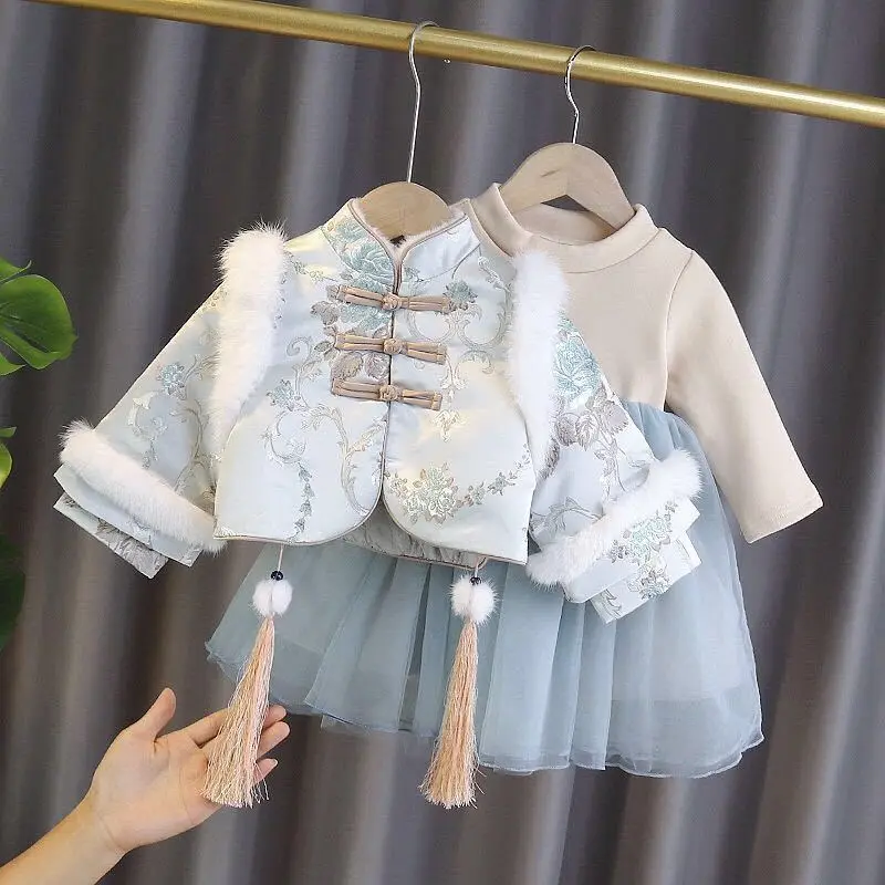 Костюм Тан для девочек зимний теплый утепленный бархатный топ и шерстяное платье