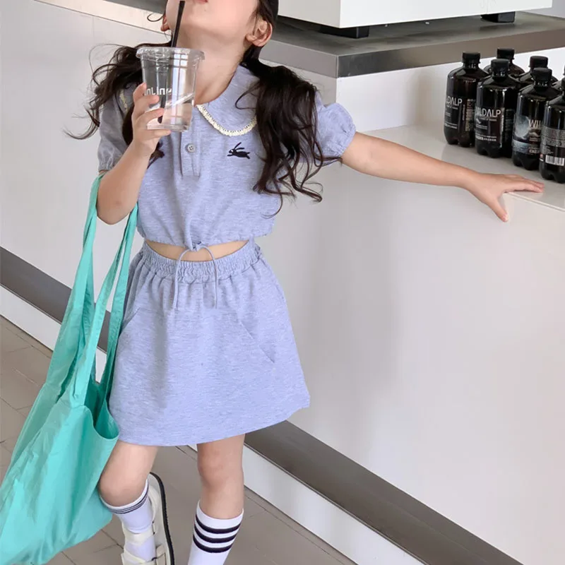 

Girls' embroidered polo shirt short skirt two-piece children's clothing summer women's treasure casual thin skirt set 4-134