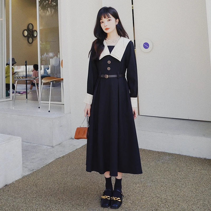 

Preppy Style Double-layer Collar Long Sleeve Woman Dress 2022 Spring New Women Elegant Vintage Slim Casual Black Dresses 8823