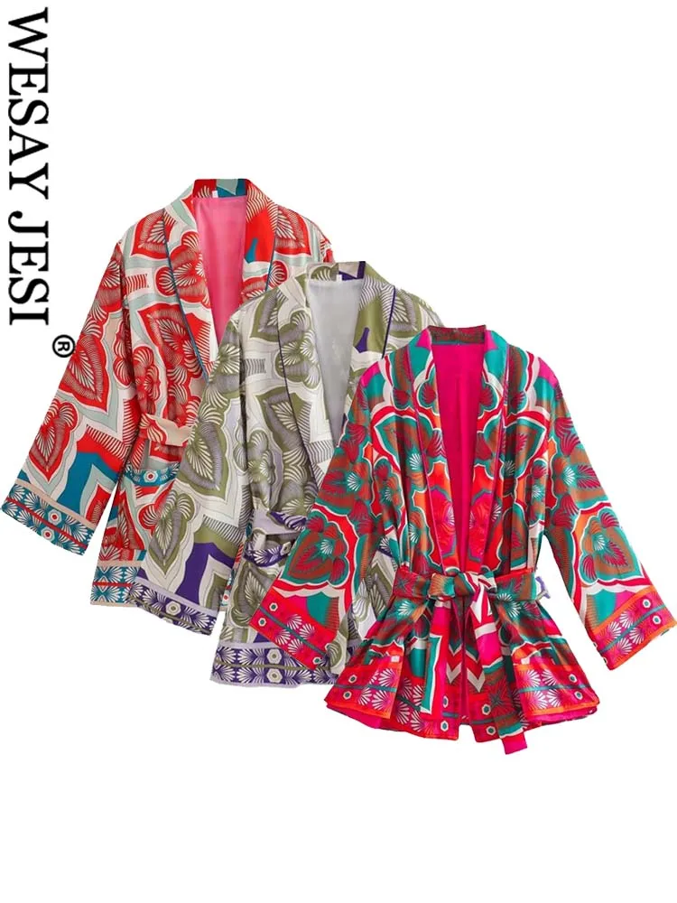 

WESAY JESI TRAF Summer Thin Tops Woman Trendy Print Decorate V-Neck Long Sleeve Pockets Belt Female Casual Loose Kimono Clothing