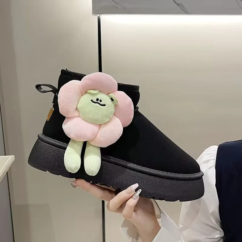 

Floral handcrafted with fleece warm fur integrated boots thick soled waterproof platform all-size women 35-40