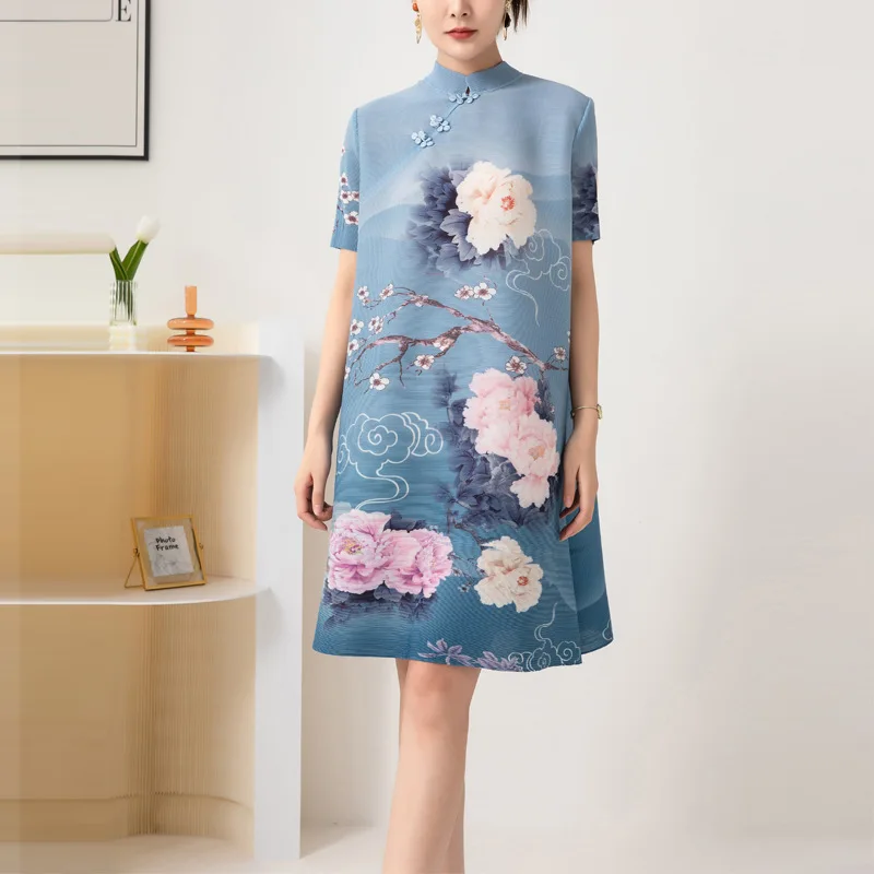 Summer new pleated print dress fashion loose stand collar button short sleeve midi skirt