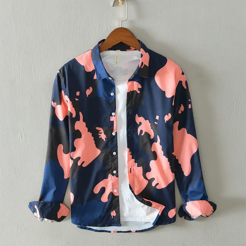 

Autumn Leisure Camouflage Printed Men's Long-Sleeved Shirt Retro Loose Green Non-Ironing Shirt Trendy Men