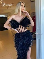 vc summer party dress women 2022 new trendy sexy strapless feather design black dress with free shipping