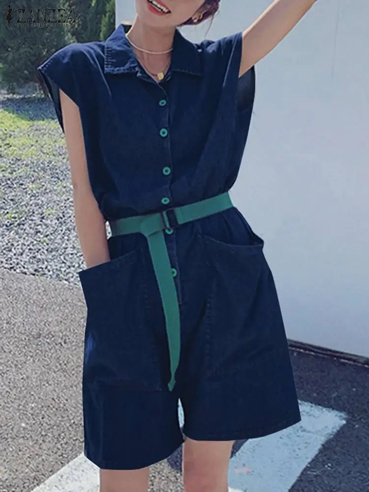 

ZANZEA Casual Work Wear Short Jumpsuits Women Pockets Rompers 2023 Summer Short Sleeve Overalls Denim Lapel Streetwear Playsuits