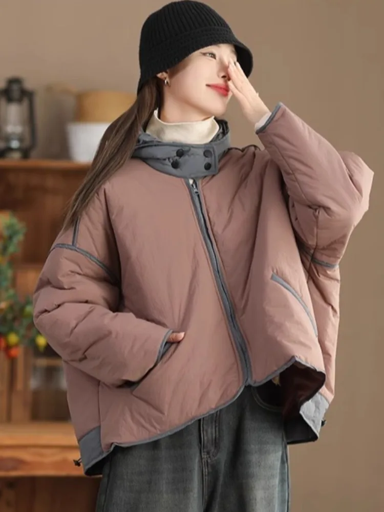 Модная женская куртка с капюшоном контрастного цвета осень-зима 2024 новое