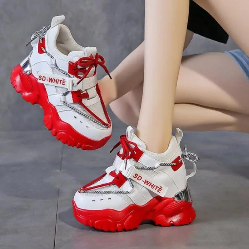 

Женские сетчатые кроссовки на платформе, повседневная обувь на толстом каблуке, Вулканизированная подошва, белые