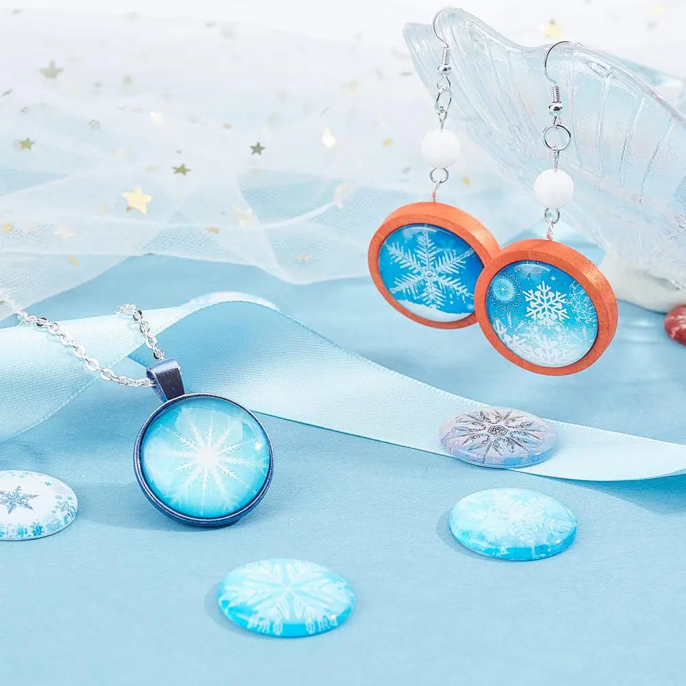 70Pcs Colored Snowflake Pattern Glass Cabochons 25mm Dome Flatback  Spacers for DIY Christmas Theme Jewelry Making Accessories