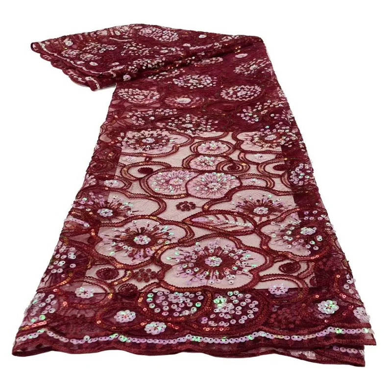 

African Lace Fabric Red Embroidered Sequined Nigerian Lace Fabric Bridal High Quality French Tulle Lace Fabric For Wedding 5Y