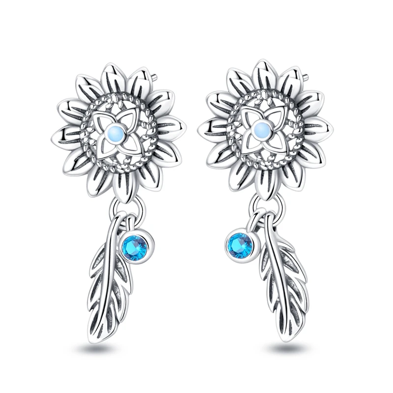 

Luxurious 925 Sterling Silver Charm Dreamcatcher Sunflower Earrings For Women Pave CZ Fine Engagement Anniversary Jewelry Gifts