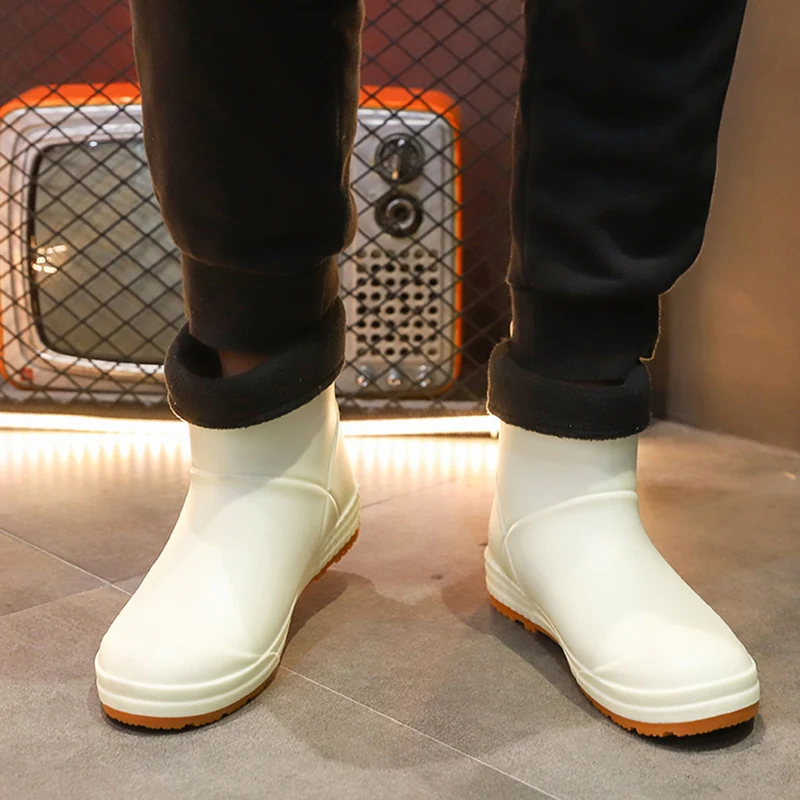 Unisex Beige White Non-Slip Rainboots Fashion PVC Waterproof Comfortable Plush Rain Boots Winter Warm Casual Flat Work Boots