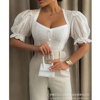 women blouse summer fashion lace hollow out slim shirt women casual short puff sleeve v neck pullover beading blouse top