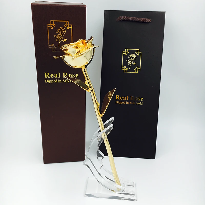 24k rose gold plated Real Rose Flower with acrylic display and gift box for wedding gifts