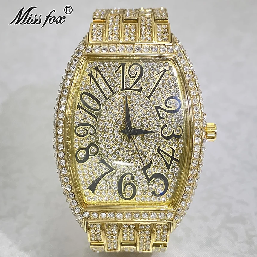 

Hip Hop Brand MISSFOX Luxury Gold Watches For Men Full Diamond Big Waterproof Wristwatch Fashion Bling Iced Out AAA Clocks Male