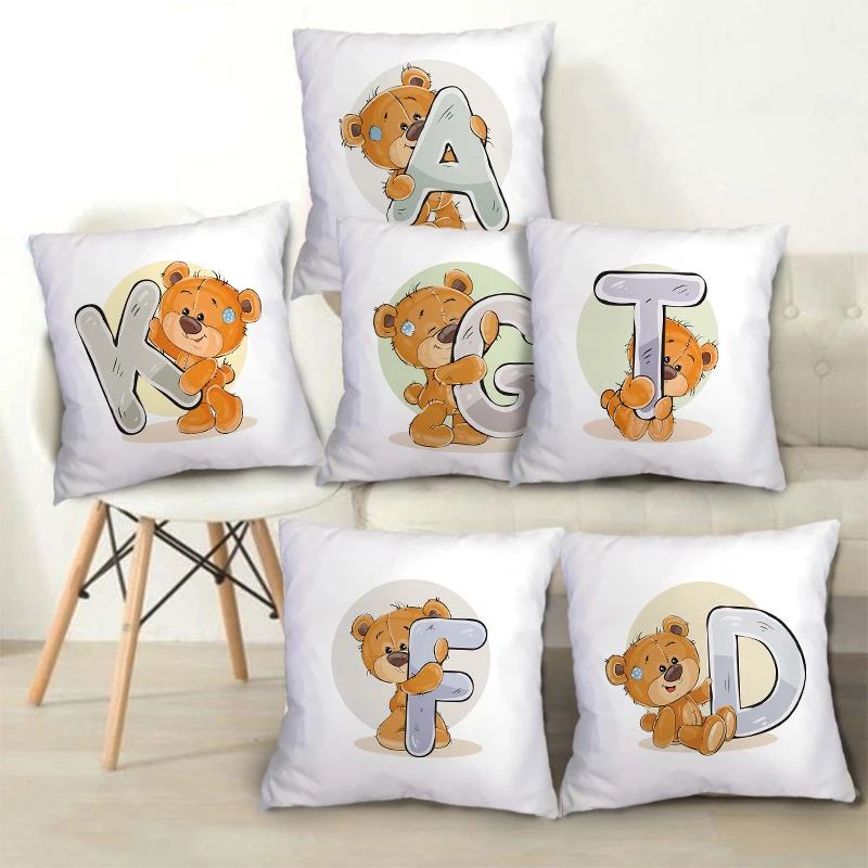 

45x45cm English Alphabet A-Z Print Cute Cartoon Bear Animal Pillow Case Cushion Cover for Children Room Soft Pillowcase