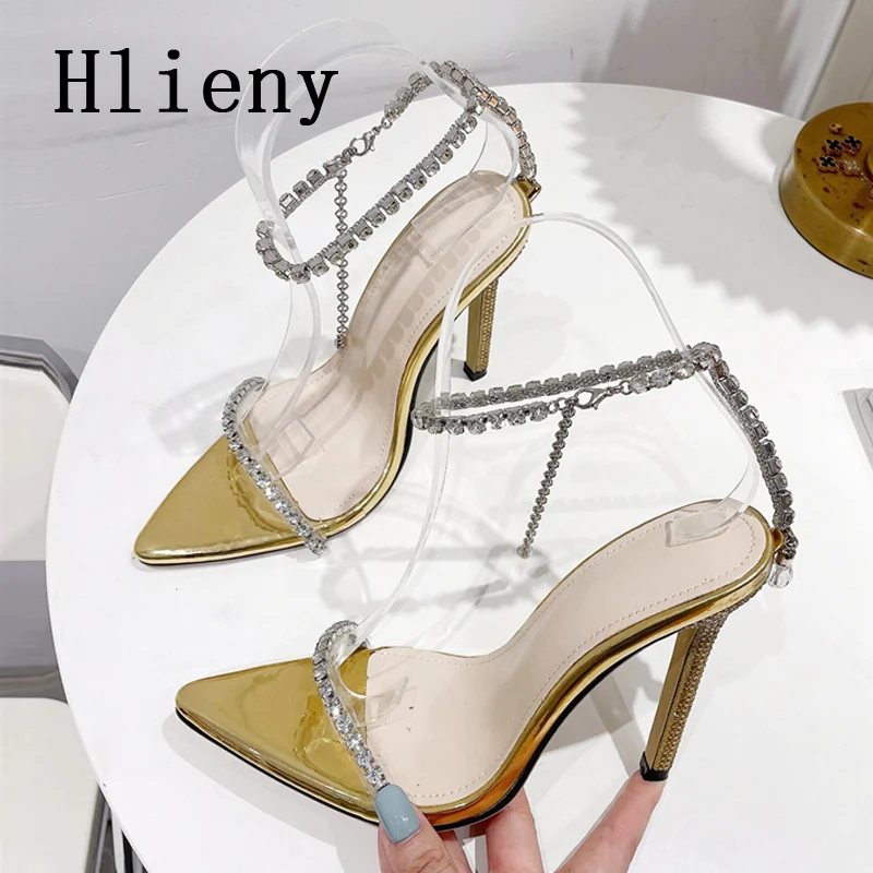 

Hlieny Size 35-41 2023 Summer New Women's Sandals New Fashion Crystal Chain Buckle Pointed Toe High Heels Party Pumps Shoes