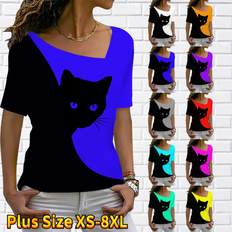 

2022 3D Cat Print Women T-Shirts Short Sleeve Oversized Summer Tee Loose Casual Basic Tops Female V-Neck Street T-Shirt Tops