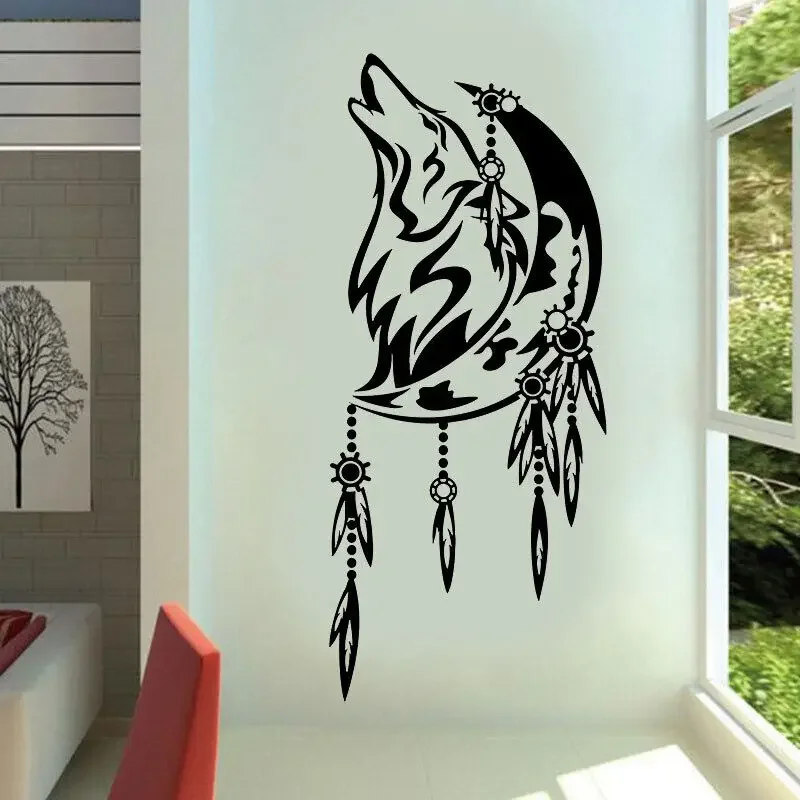 Виниловая наклейка на стену кельтский волк вывала луна Ловец снов настенная для