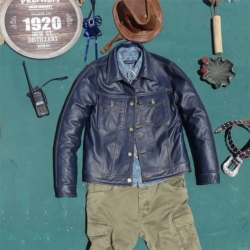 Куртка мужская короткая из натуральной кожи куртка-бомбер воловьей в винтажном