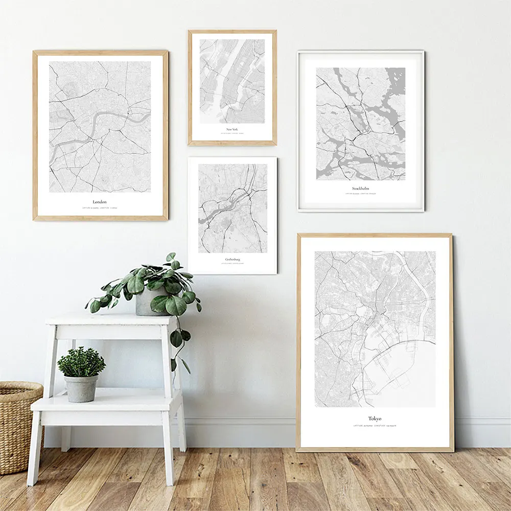 Лондон Нью-Йорк Токио карта стокгольского города черно-белый Принт настенная