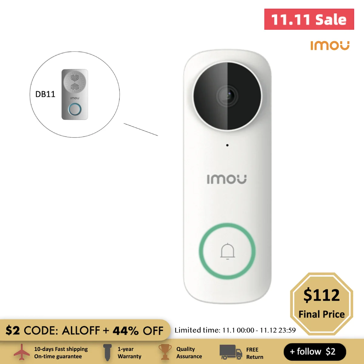 Pаспродажа Умный домашний Видеозвонок IMOU DB61, с Wi-Fi, 4 МП Pаспродажа Умный домашний Видеозвонок IMOU DB61, с Wi-Fi, 4 МП